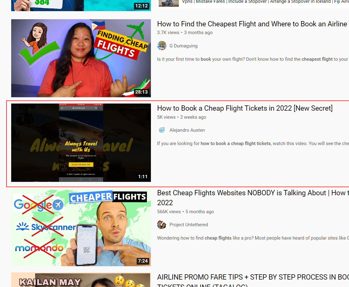 YouTube search results showing top rankings